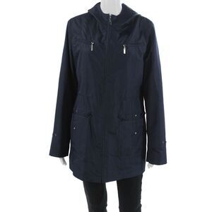 Portrait Women Raincoat Windbreaker Dark Blue Polyester Zip Size M